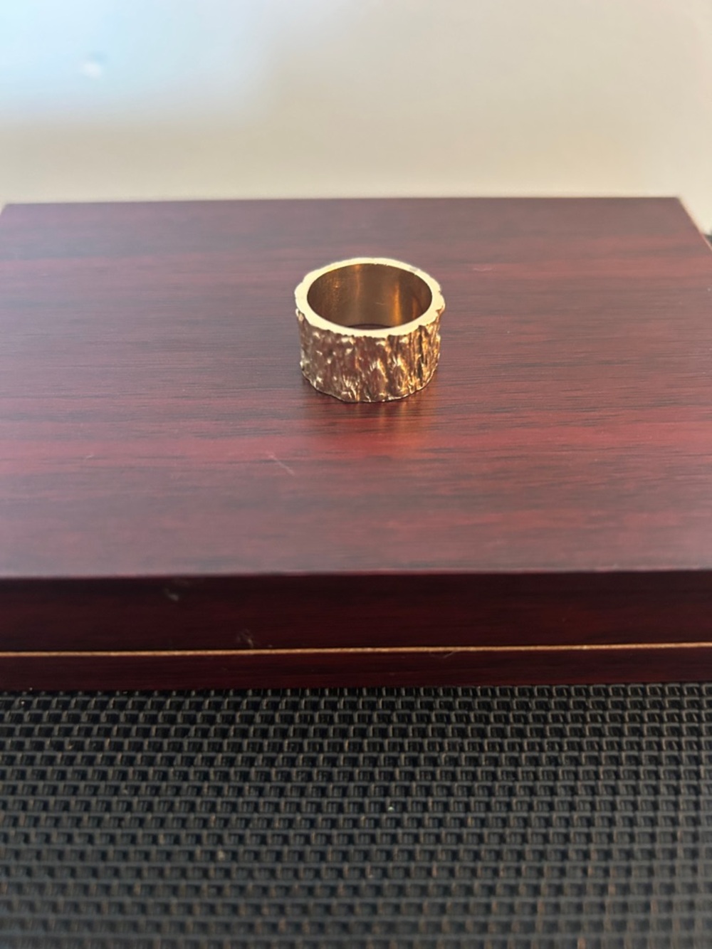 . Nature-inspired wide solid gold band design, chunky textured gold ring-14k